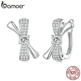 925 Silver Bowknot Hoop Earrings CZ Pave Setting Women's Gift BSE810