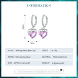 925 Silver Melted Love Ear Clips Pink Heart Drop Ear Buckles Romantic Gift