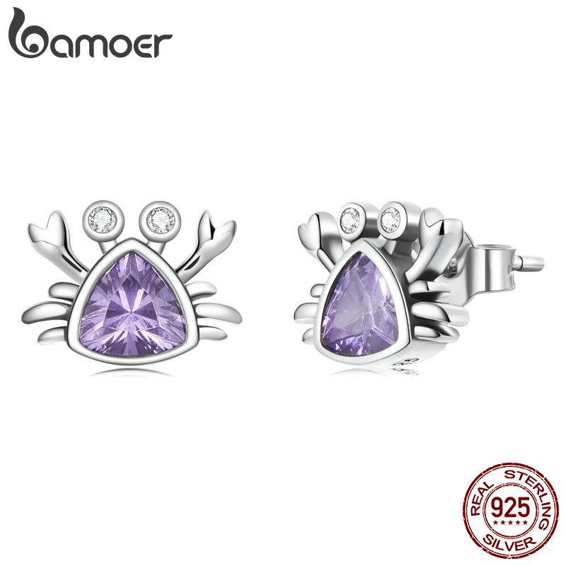 925 Silver Mini Crab Stud Earrings with Purple Zirconium for Girls
