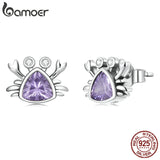 925 Silver Mini Crab Stud Earrings with Purple Zirconium for Girls