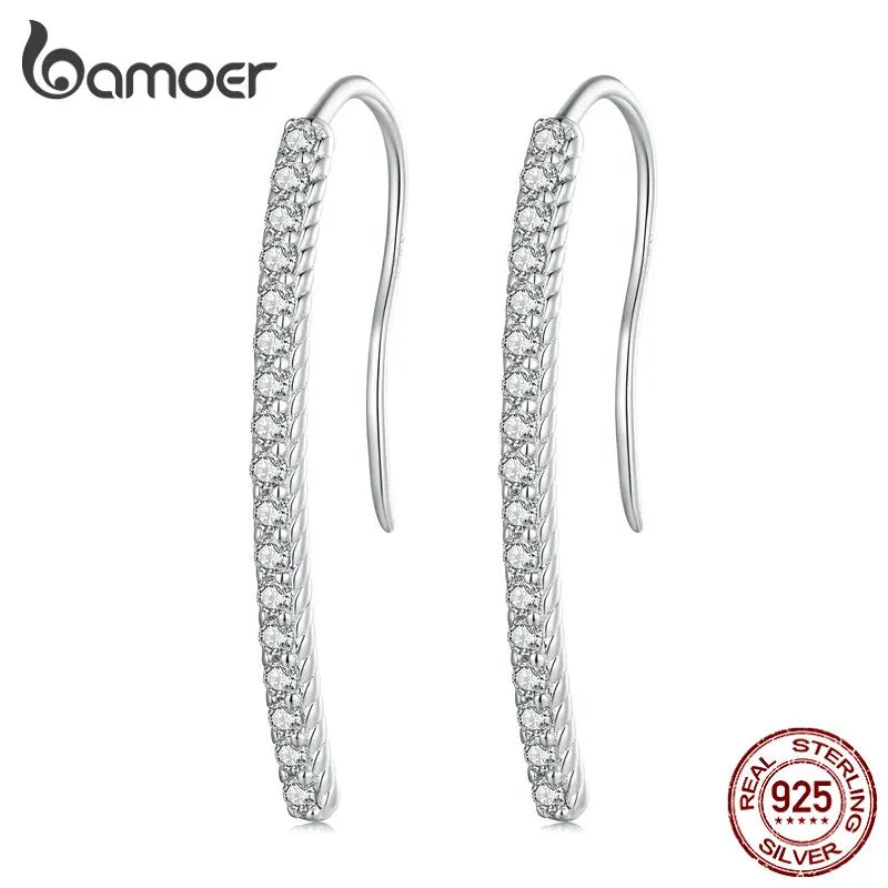 925 Silver Line Hook Earrings CZ Setting Birthday Gift BSE748