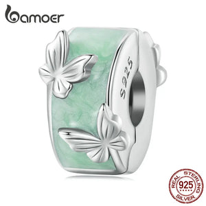 925 Silver Green Butterfly Clip Charms Round Beads for Bracelet