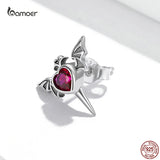 Bamoer 925 Silver Goth Bat Wings Red Heart CZ Earring
