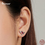 Bamoer 925 Silver Goth Bat Wings Red Heart CZ Earring