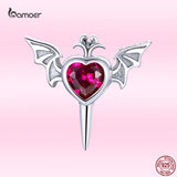 Bamoer 925 Silver Goth Bat Wings Red Heart CZ Earring
