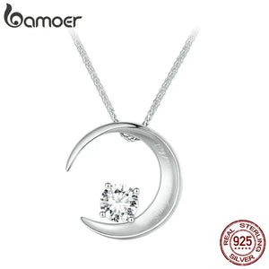 925 Silver Moon Pendant Necklace Zircon Long Chain Women Party Birthday
