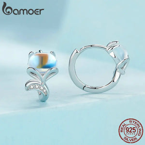 925 Silver Moonstone Fox Hoop Earrings Gift Jewelry