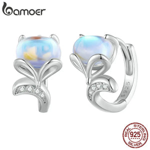 925 Silver Moonstone Fox Hoop Earring Rainbow Animal Piercing Ear Buckles