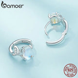 925 Silver Moonstone Fox Hoop Earring Rainbow Animal Piercing Ear Buckles