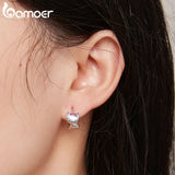 925 Silver Moonstone Fox Hoop Earring Rainbow Animal Piercing Ear Buckles