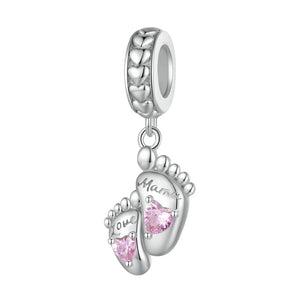 925 Silver Mothers Bead Pink Crystal Heart Hand Mom&Child Charms