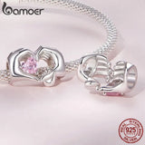 925 Silver Mothers Bead Pink Crystal Heart Hand Mom&Child Charms