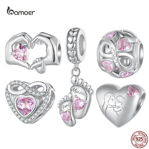 925 Silver Mothers Bead Pink Crystal Heart Hand Mom&Child Charms