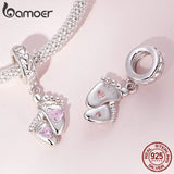 925 Silver Mothers Bead Pink Crystal Heart Hand Mom&Child Charms