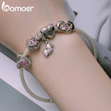 925 Silver Mothers Bead Pink Crystal Heart Hand Mom&Child Charms
