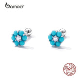 925 Silver Turquoise Flower Ear Studs Earrings Women Fine Jewelry