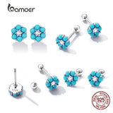 925 Silver Turquoise Flower Ear Studs Earrings Women Fine Jewelry