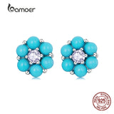 925 Silver Turquoise Flower Ear Studs Earrings Women Fine Jewelry