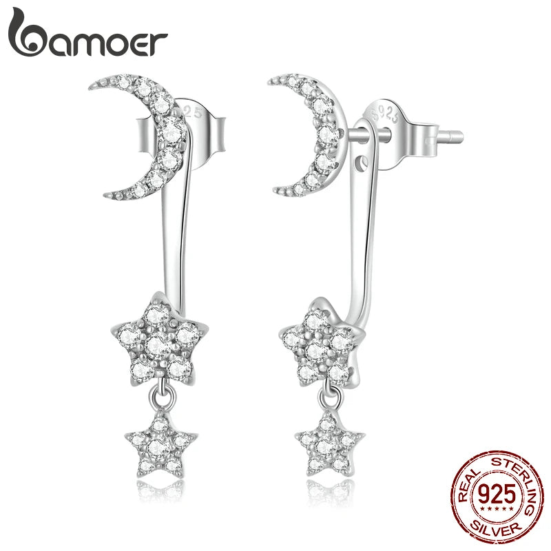 925 Silver Star Dangle Earrings Moon Studs Fine Jewelry