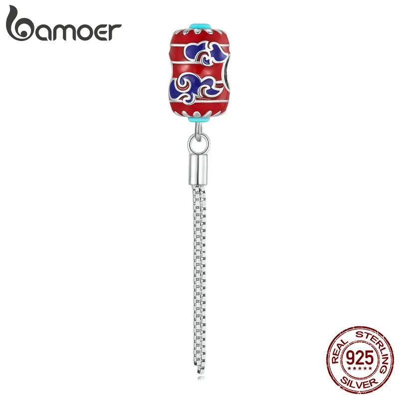 925 Sterling Silver Enamel Red Lantern Bead Silver Tassel Charms