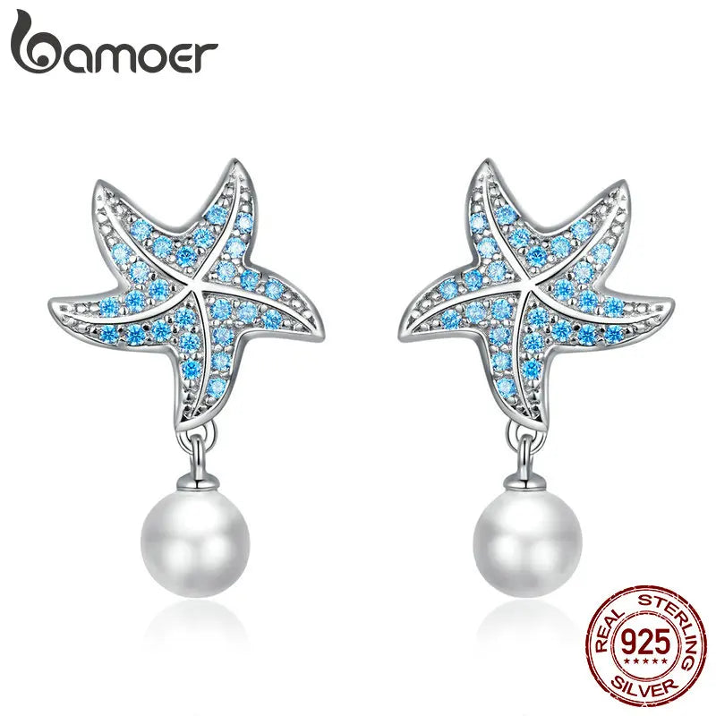 925 Silver Starfish Stud Earrings Shell Pearl Drop Jewelry