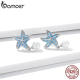 925 Silver Starfish Stud Earrings Shell Pearl Drop Jewelry