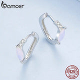 925 Silver Opal Hoop Earrings Geometric Ear Buckles for Women