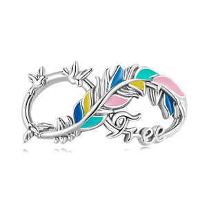 925 Silver Colorful Feather Charm Enamel Key Ring Bangle Beads DIY Bracelet