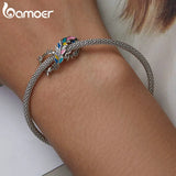925 Silver Colorful Feather Charm Enamel Key Ring Bangle Beads DIY Bracelet