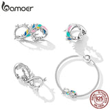 925 Silver Colorful Feather Charm Enamel Key Ring Bangle Beads DIY Bracelet