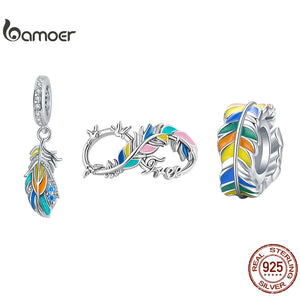 925 Silver Colorful Feather Charm Enamel Key Ring Bangle Beads DIY Bracelet