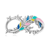 925 Silver Colorful Feather Charm Enamel Key Ring Bangle Beads DIY Bracelet