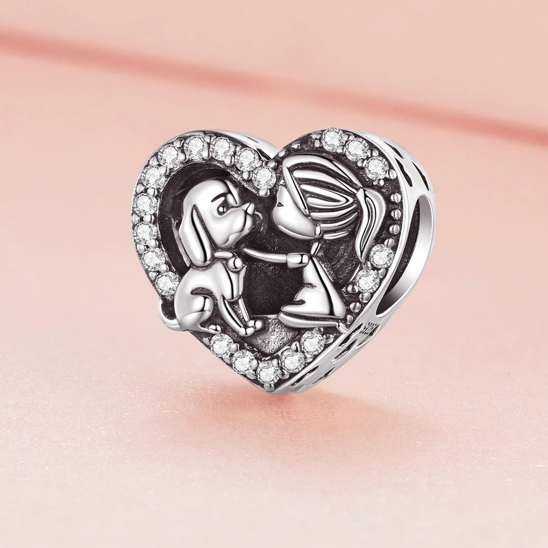 925 Silver Pet Heart Charms Dog Family Love Pendant Jewelry
