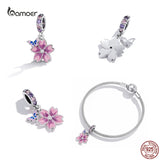 925 Sterling Silver Pink Butterfly & Flower Charms for DIY Bracelet & Bangle