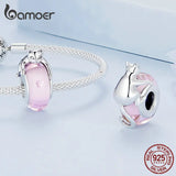 925 Silver Pink Glass Beads Silver Cat Charms Bracelet