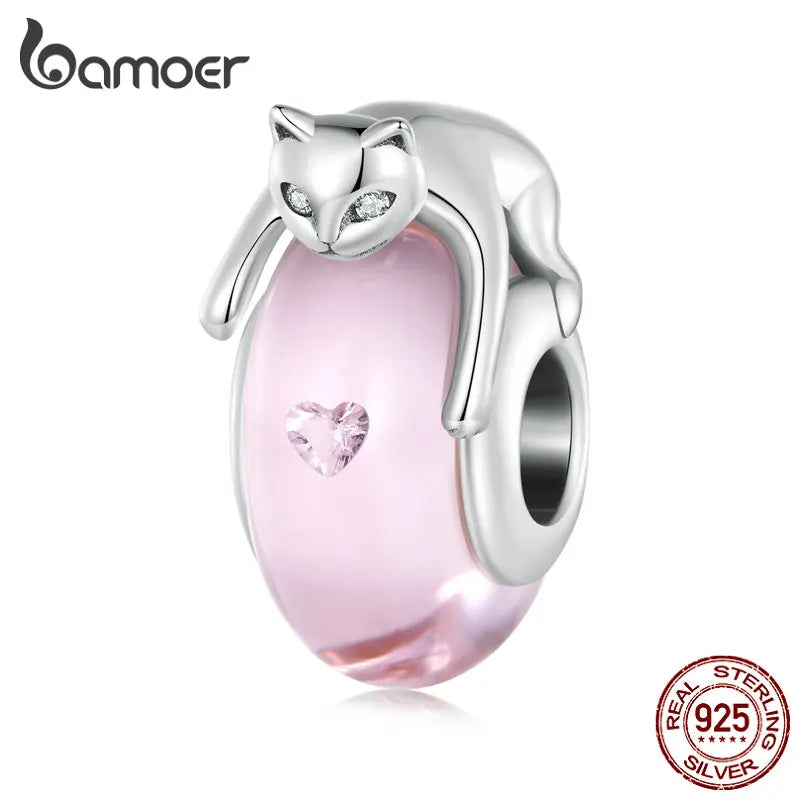 925 Silver Pink Glass Beads Silver Cat Charms Bracelet
