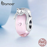 925 Silver Pink Glass Beads Silver Cat Charms Bracelet