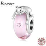 925 Silver Pink Glass Beads Silver Cat Charms Bracelet