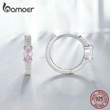 925 Silver Pink Zircon Hoop Earrings Stripe Pattern for Women