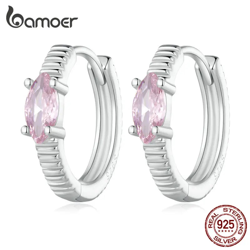 925 Silver Pink Zircon Hoop Earrings Stripe Pattern for Women