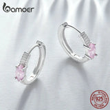 925 Silver Pink Zircon Hoop Earrings Stripe Pattern for Women