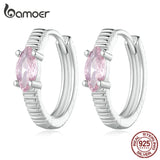 925 Silver Pink Zircon Hoop Earrings Stripe Pattern for Women