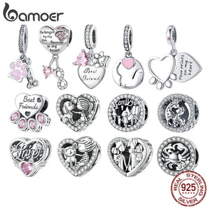 925 Silver Pink Zircon Pet Paw Heart Charms Beads DIY SCC2434