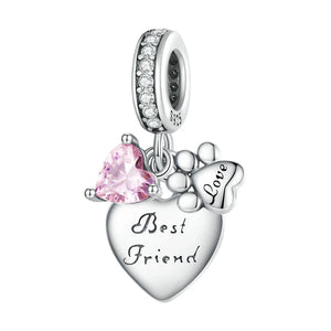 925 Silver Pink Zircon Pet Paw Heart Charms Beads DIY SCC2434