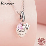 925 Silver Pink Zircon Pet Paw Heart Charms Beads DIY SCC2434
