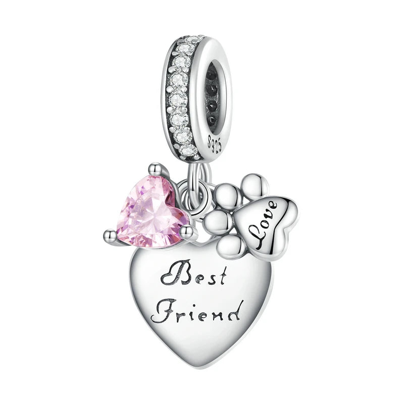 925 Silver Pink Zircon Pet Paw Heart Charms Beads DIY SCC2434