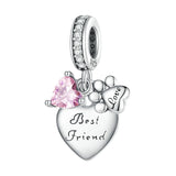 925 Silver Pink Zircon Pet Paw Heart Charms Beads DIY SCC2434