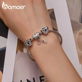 925 Silver Pink Zircon Pet Paw Heart Charms Beads DIY SCC2434