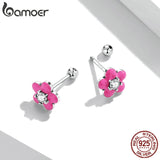 925 Silver Pink Flower Stud Earrings with CZ Ear Studs for Women
