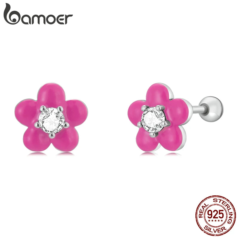 925 Silver Pink Flower Stud Earrings with CZ Ear Studs for Women